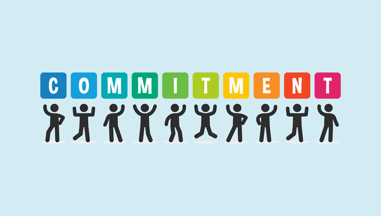 Commitement — Small figures holding up a sign of letters spelling it out