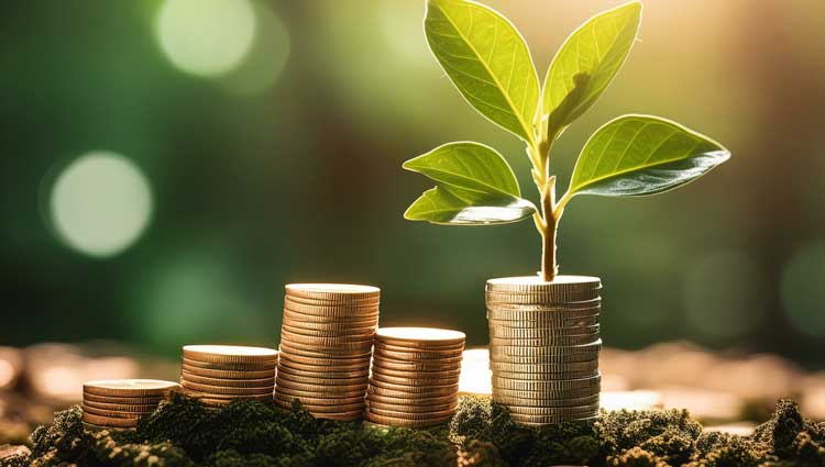 A plant growing on a set of stacked coins