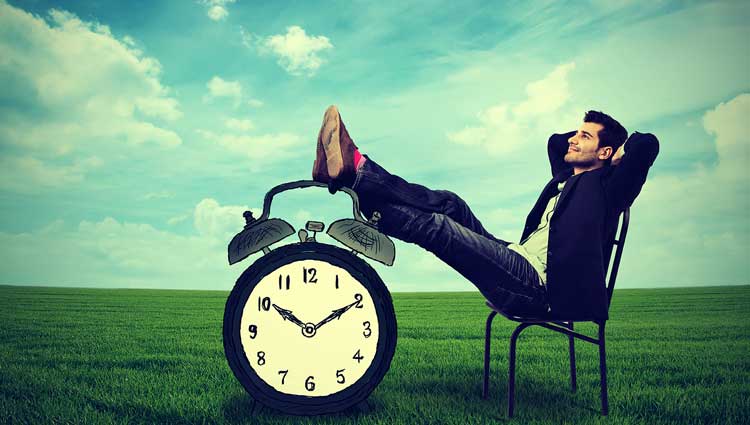 Man relaxing on chair with feet on a large clock. Illustration depicting procrastination.