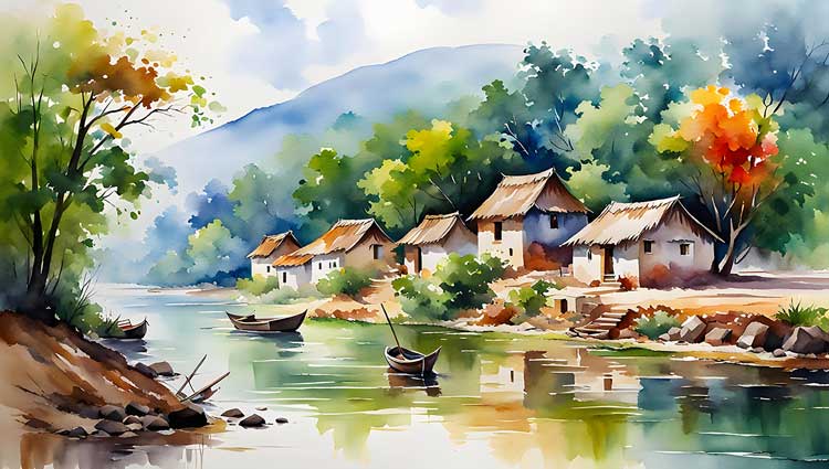 Watercolor rendering homes/real estate on river