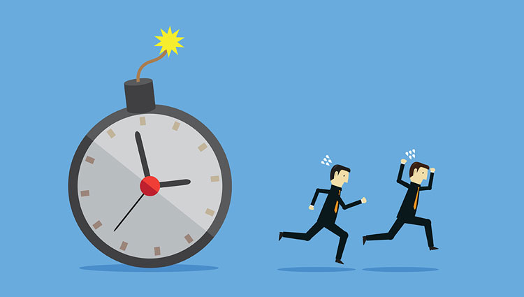 Illustrating procrastination: clock is a time bomb with two people running away from it